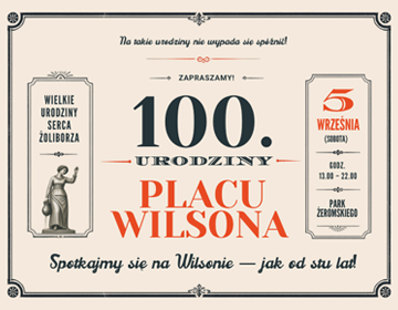Grafika retro z napisem 100. Urodziny Placu Wilsona oraz datą 5 września 2026 r. w Parku im. Stefana Żeromskiego.