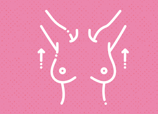 Ilustracja liniowa w białym kolorze na różowym tle: dłoń masująca pierś, z zaznaczonym ruchem góra–dół strzałkami, sugerująca samobadanie.